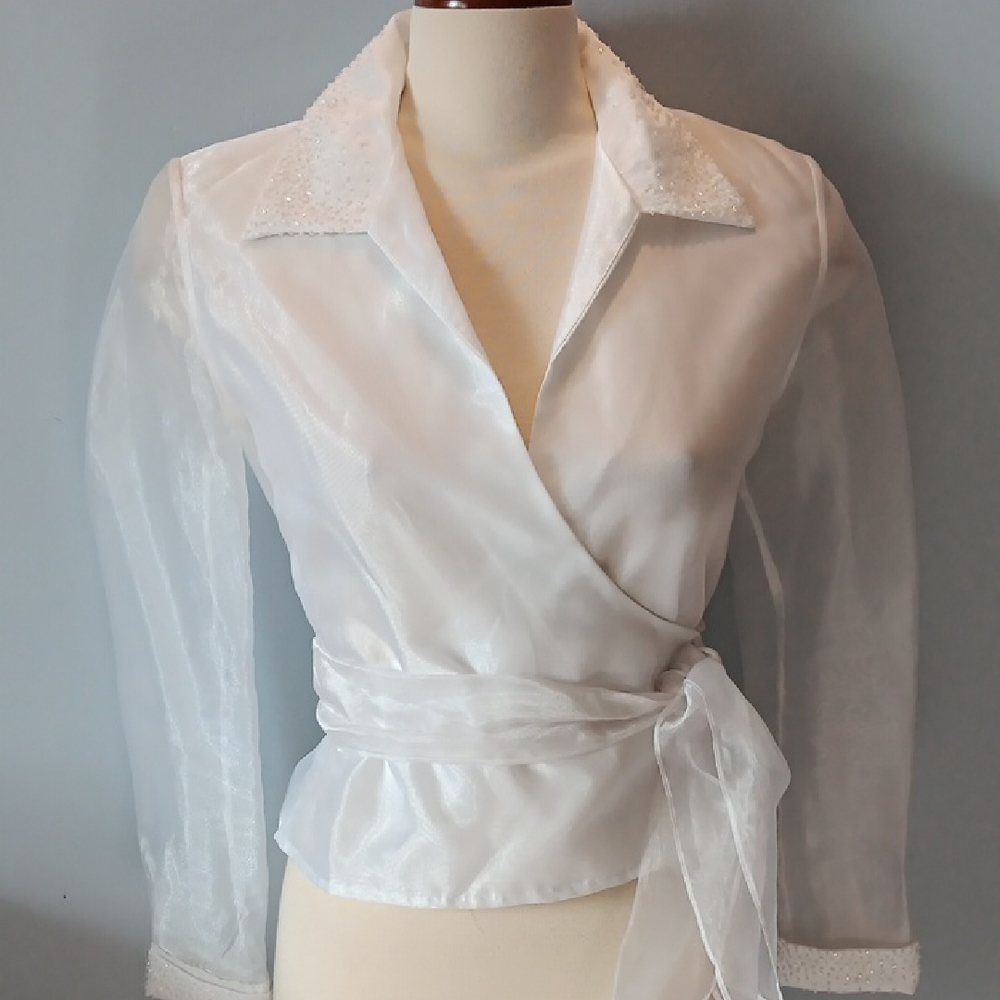 Vintage Ronni Nicole Petite Organza White Wrap Blouse